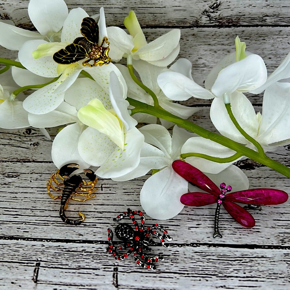 Spring is Here! 4 bug brooches. 1 each: Dragon fly, bee, scorpion and spider.